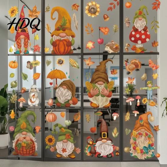 Office Glass Partition Decorations 9Pcs Fall Gnome Static Window Clings Thanksgiving Maple Leaf Turkey Pumpkin Autumn Decals PVC Stickers,