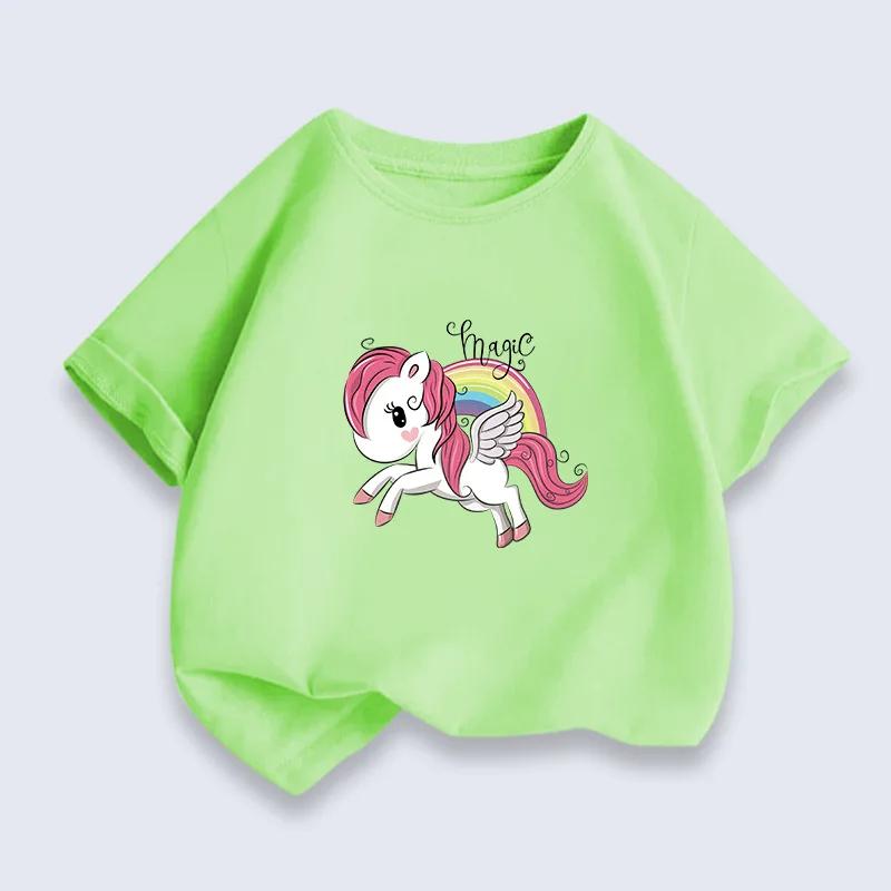 Pure Cotton Breathable Children's T-shirt 2026 Summer New Rainbow Pony Print Casual Parent-child Outfit for Boys and Girls