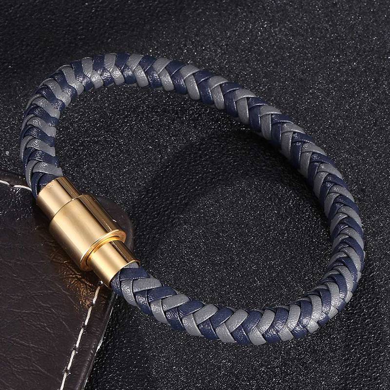 Trend Mens Bracelet Gray Blue Braided Leather Bracelets For Men Stainless Steel Clasp Jewelry