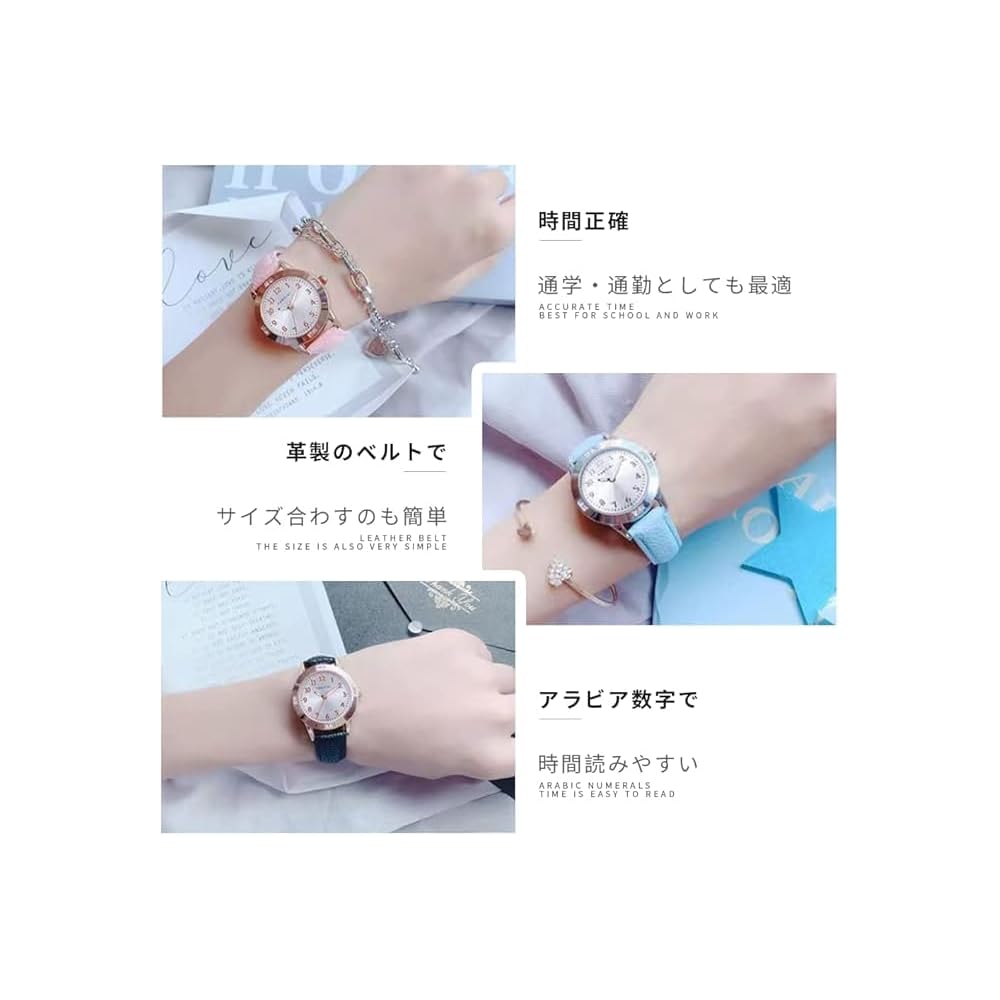 Girls Quartz Casual Watch Round Face 28mm PU Leather Band Japanese Movement Arabic Numerals Water Resistant Black Belt Gold Case