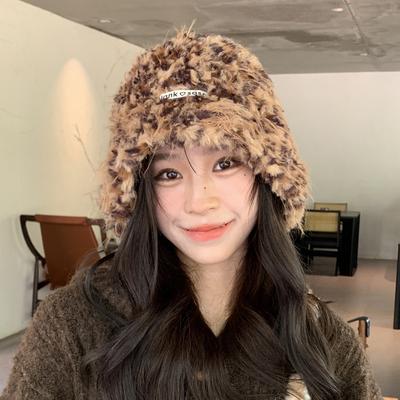 Autumn and Winter Leopard Print Plush Fisherman's Hat Children Show a Small Face Knitted Hat Big Head Circumference Warm Wool Hat Tide