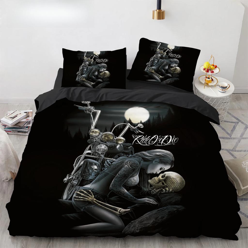 Black Hat Skull Bedding Set Queen Size Halloween Duvet Cover Sets Modern Style Bedroom Bedding Set Comforter Cover Pillow Shams