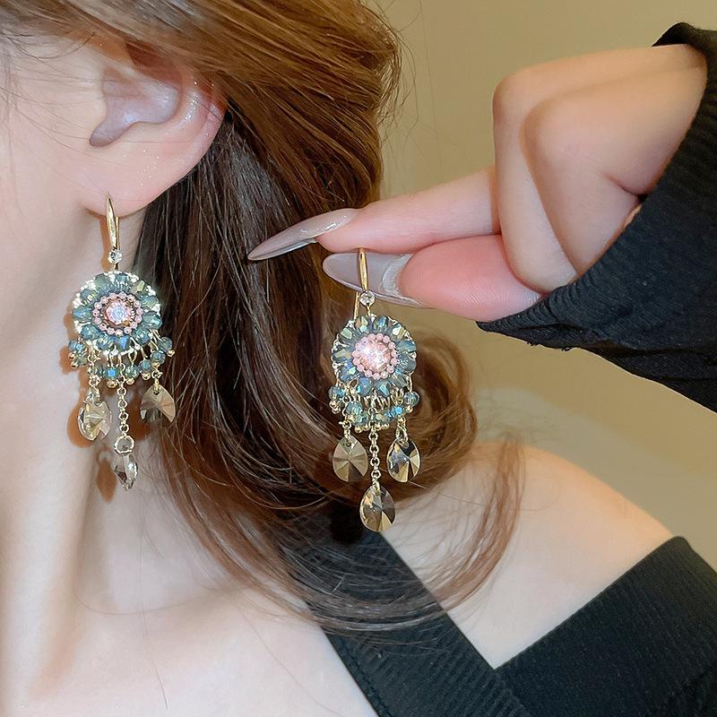 High-End Silver Needle Crystal Tassel Earrings: Diamond Inlaid Floral Retro Ethnic Style