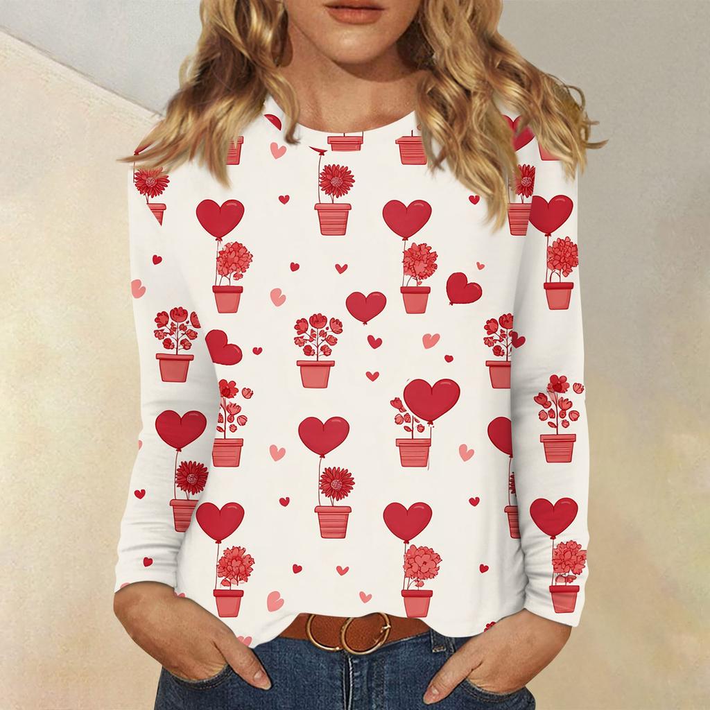 Damen Valentinstag Modisches Herzmuster Rundhals Langarm Pullover Top
