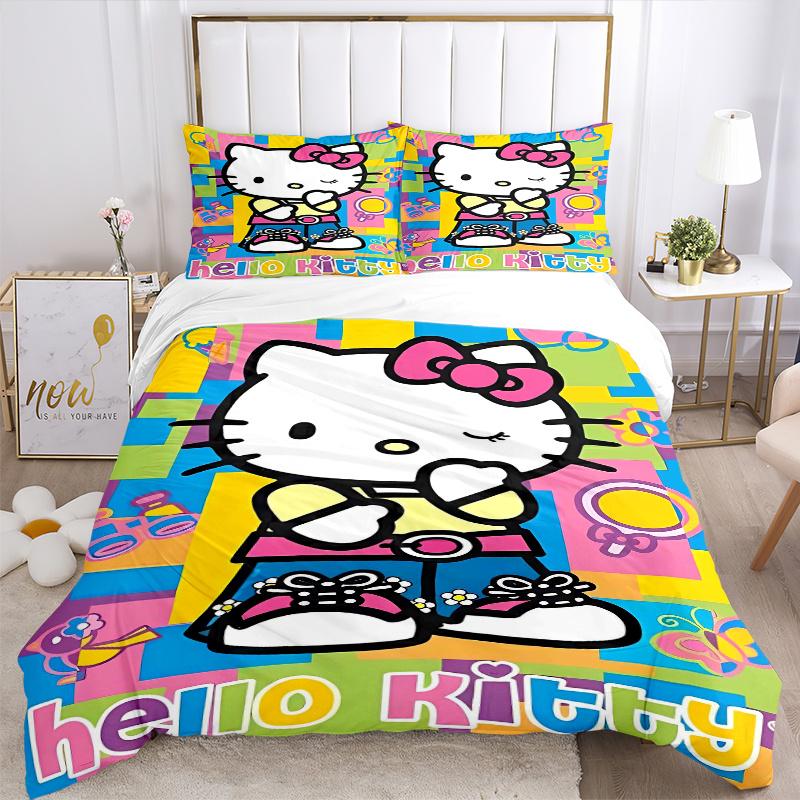 3pcs Hello Kitty In a Playful Pose Pattern Bedding Three-Piece Set (1 Cover + 2 Pillowcases, No Fillings), Soft and Comfortable S038