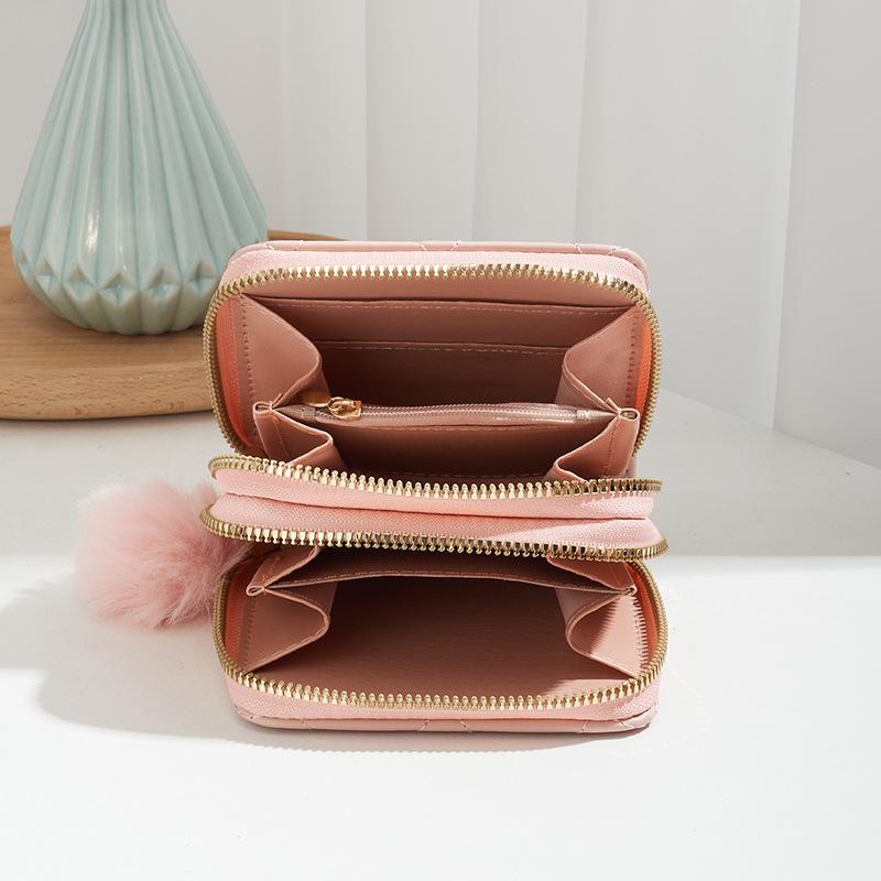 New Double Zipper Short Wallet ID Card Case Cards Wallet Diamond Patterned Embroidered Clutch Purse Women's Wallets Coin Purse