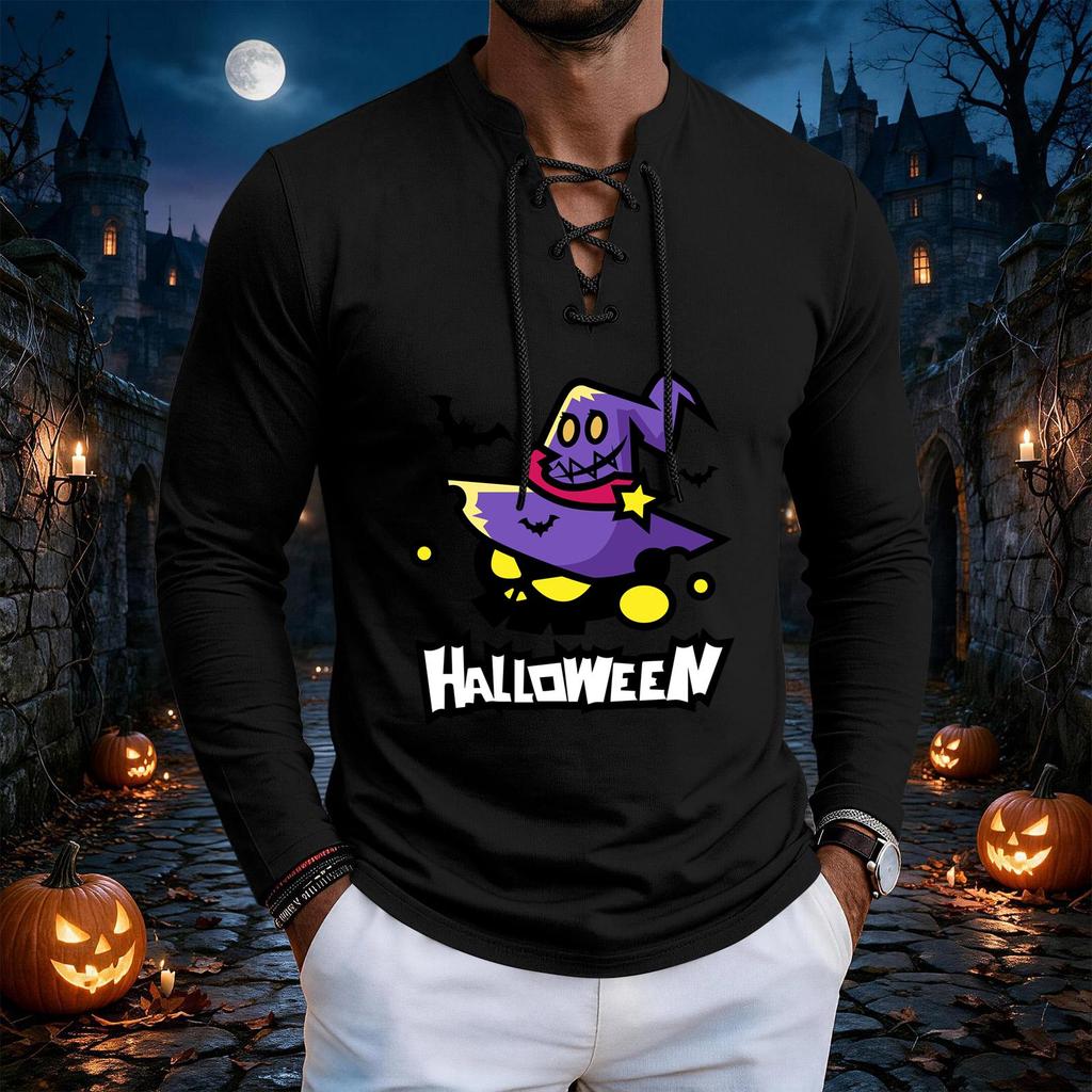 Men's Vintage Halloween Print Lace-Up Long Sleeve T-Shirt