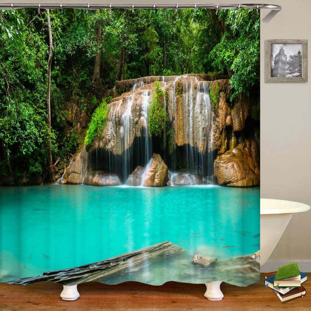 3d Printing Green Forest Waterfall Shower Curtains Waterproof Bathroom Curtain With Hooks Bath Curtain 180*200 Polyester Fabric
