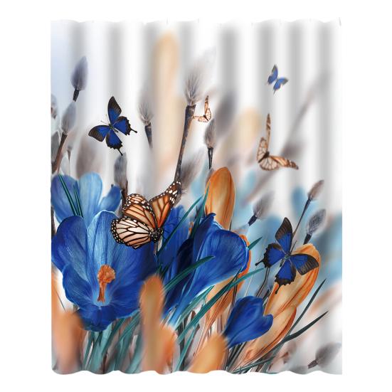 Floral Shower Curtain Spring Farmhouse Bathroom Curtain Waterproof Flowers Butterflies Leaves Bath Curtain with Hooks for Dormitory Shower Bathtub