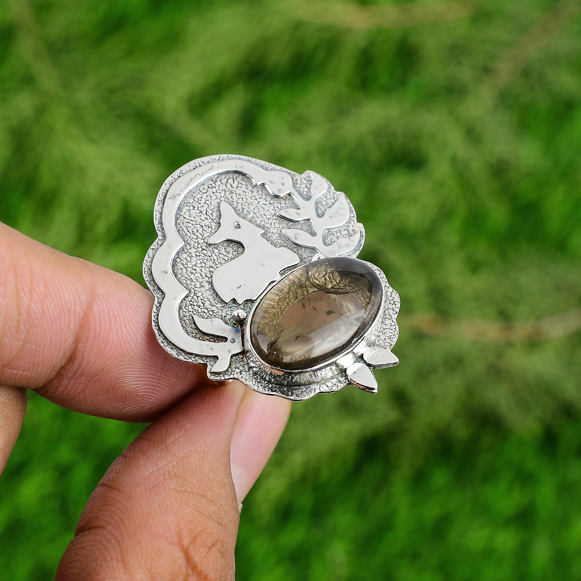 

925 Silver Natural Smoky Quartz Engagement Statement Wedding Root Chakra Ring Adjustable