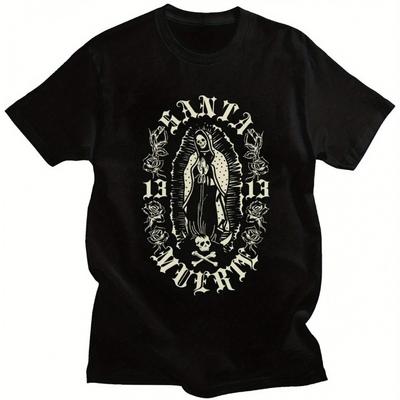 Klassiek Gotisch Santa Muerte 13 T-shirt voor Mannen Vrouwen Zwart Mexicaanse Dame van de Heilige Dood Schedel Grafisch T-shirt Rozen Sierlijke Patronen