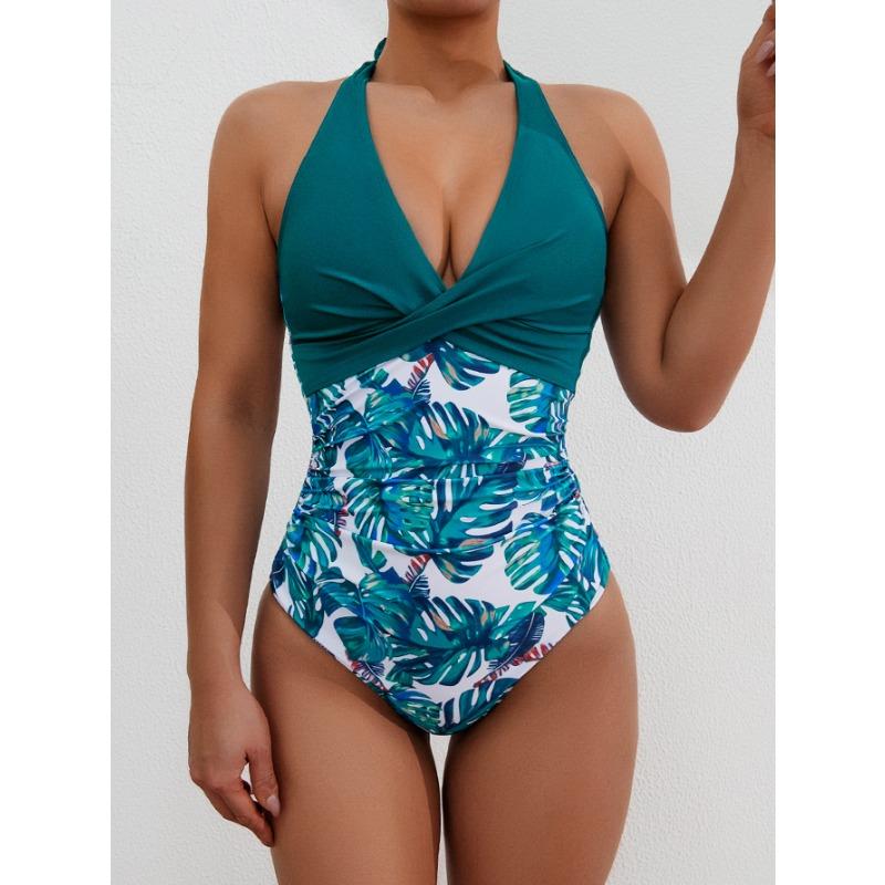 New printed lace-up halter high-waisted one-piece sexy bikini swimsuit swimsuit women