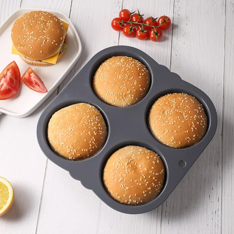 Food grade 4-hole silicone hamburger bread baking tray, hamburger mold, household oven, air fryer, baking tool