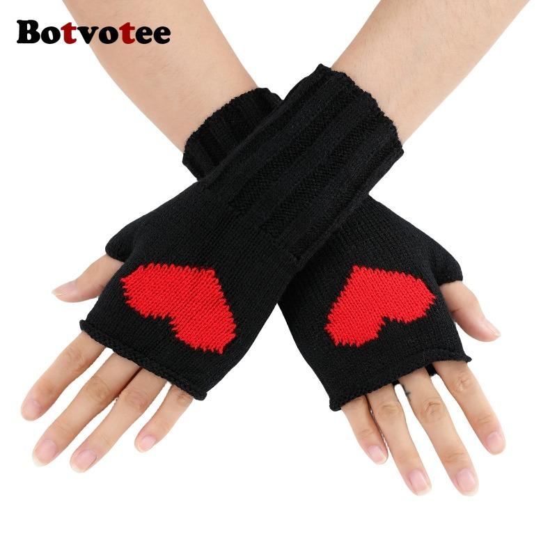 Botvotee Black Fingerless Gloves Women Winter Arm Warmers Y2k Accessories Knit Fashion Love Cute Short Hands Free Gloves Red