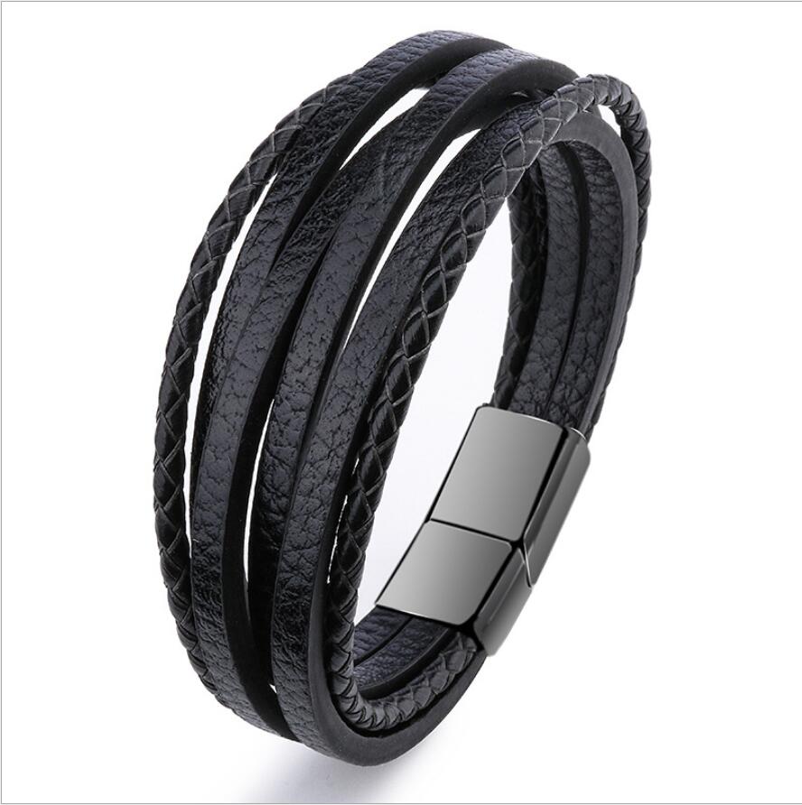 Men's Leather Bracelet Magnetic-Clasp Cowhide Braided Multi-Layer Wrap Bangle Stylish Accessory for Men