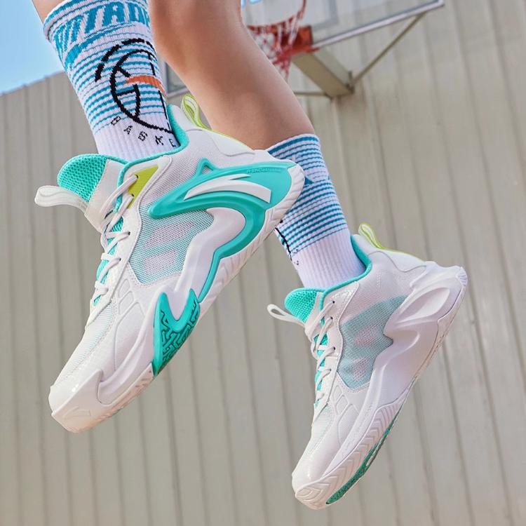 Anta Kids Air Space Comfortable Simple Shock Absorption Wear Resistant Low Top Basketball Shoes Kids Basketball Shoes White Green A312421105-4