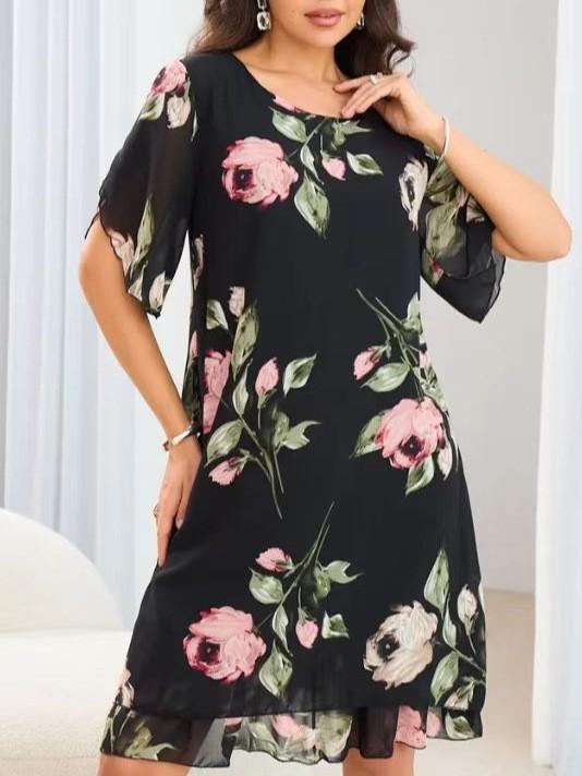 Abito Stampato Chiffon Moda Donna Ampio Girocollo Outfit Estivo