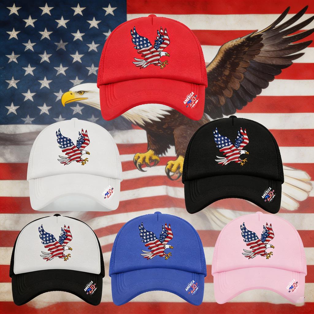 1PC Mesh Trucker Hat, Breathable, 250th America Flag Eagle Print, Vintage Patriotic Streetwear