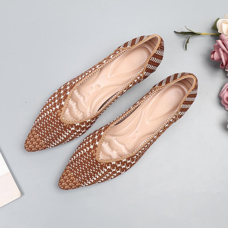 Jarní a podzimní létající pletené jednoduché boty na středním podpatku pletené létající nitě pletené špičaté lodičky originální tlustý podpatek