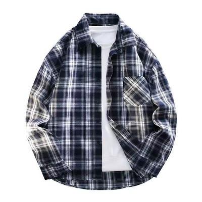 Men's Spring/Fall Long-Sleeve Loose-Fit Vintage Checkered Shirt, Plus Size Casual Underwear Shirt/Outerwear