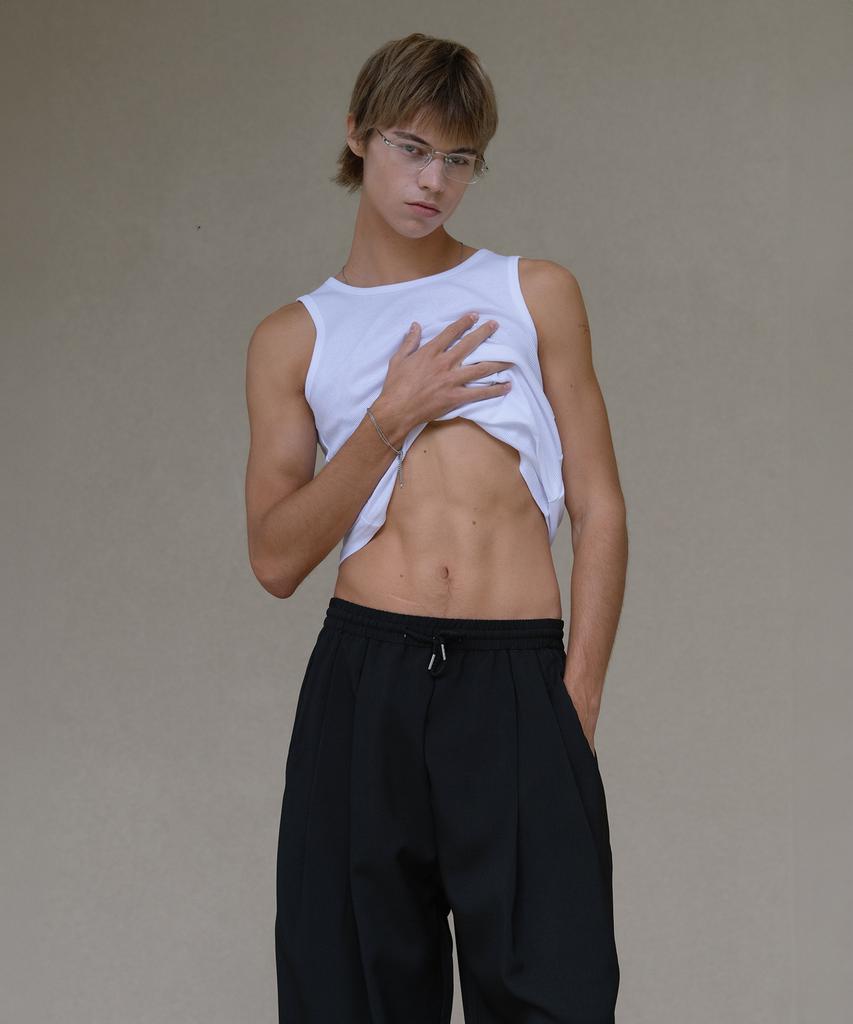 Dekkoloso Cool Linen-Like Double-Pleated Wrinkle-Free Wide Elastic Pants [Black]