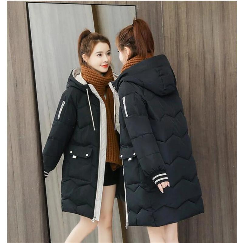 Damen Winter Mittellanger Steppmantel Kapuzenmantel Dicke Warme Jacken Kontrasttaschen Mode Parkas Lässige Lockere Daunenjacke