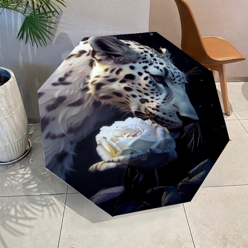 Snow Leopard Black Panther Folding Umbrella Auto-Open Design 8 Iron Ribs Plastic Handle Foldable Sunshade Perfect Christmas Gift