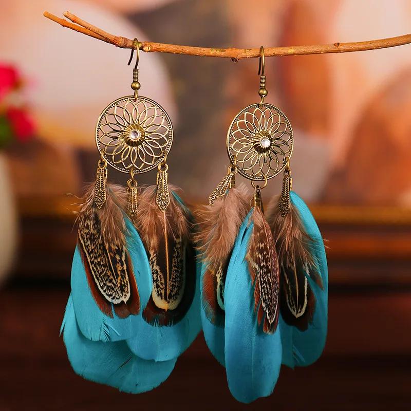 Bohemian Vintage Zircon For Women 2024 Trendy Carved Leaf Feather Tassel Long Earrings