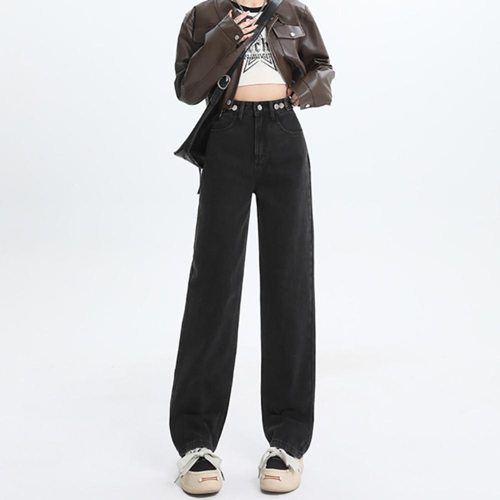 Spring and summer new American high-waisted straight jeans women's adjustment buckle loose and thin wide-leg jeans fashion