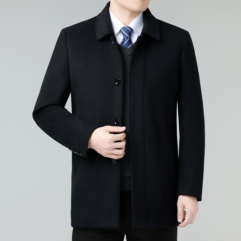 Winter Cashmere Coat Men's High-end Mid-length Woolen Coat Middle-aged Dad Lapel Wool Jacket Plus Velvet Thickening
