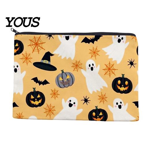 Themed Cosmetic Travel Bag Storage Bag, with Halloween Pumpkin Ghost Print, Smooth Festive Desktop Zipper Canvas Makeup for Organizer