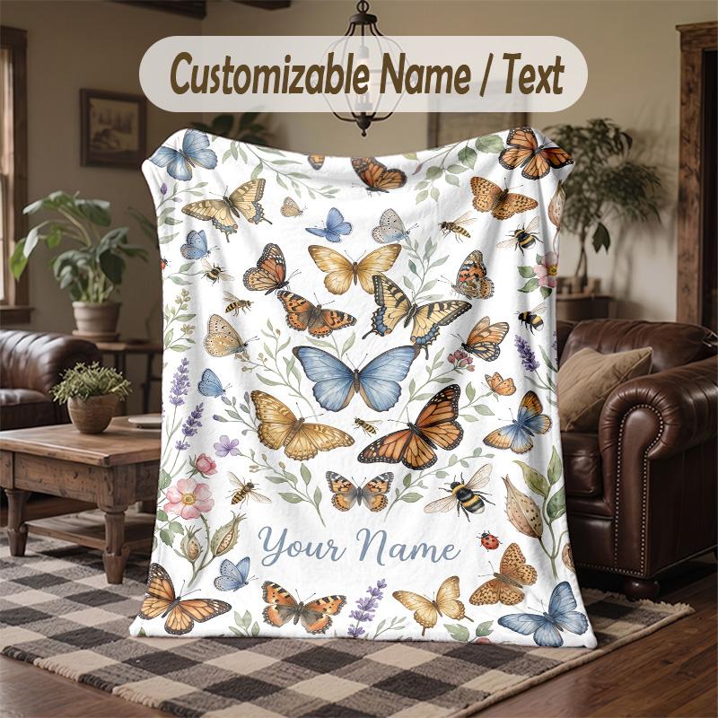 Butterflies Flowers Garden 19 Theme Throw Blanket Custom Name Text Personalized Blanket Soft Cozy Blanket for Home Sofa Bed