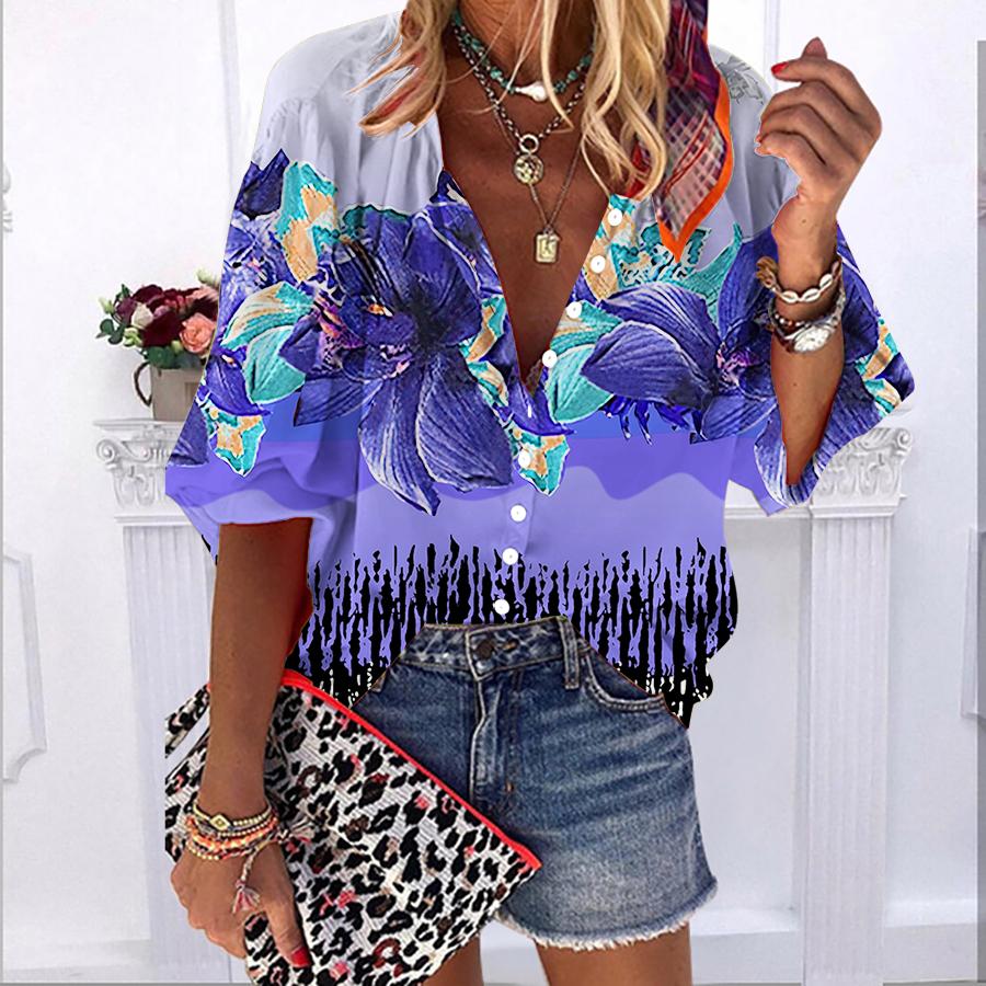 2023 sommer Herbst Neue Mode frauen Tops Schöne Weiße Lotus Blume. Bedrucktes, halblanges, lässiges Button-Down-Hemd in Übergröße mit Ballonärmeln