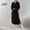 Knit Sweater Dress Women for Fall Winter, Ribbed Long Sleeve with Soft Midi Dresses Side Split, Solid Color Casual Collared V Neck