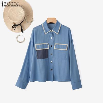 Women Casual Turn Down Collar Loose Long Sleeve Blouse