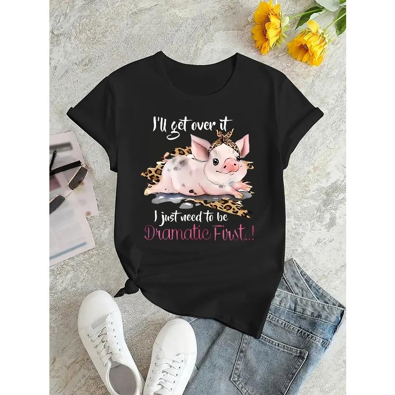 Europäische Größen 1 Stück Damen Freizeit-T-Shirt mit Rundhalsausschnitt und Cartoon-Schwein-Print, Modisches Kurzarm-Oberteil