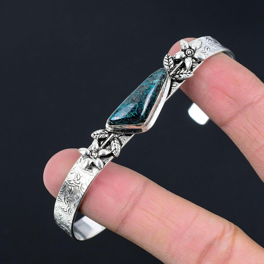 Trillion Blue Azurite Gemstone Ethnic Flower Wife Boho Bangle Jewelry 925 Silver