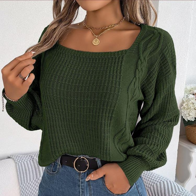 Comfortable Casual Women Solid Color Knitted Pullover Sweater Autumn Winter Square Neck Lantern Sleeve Fried Dough Twists Design