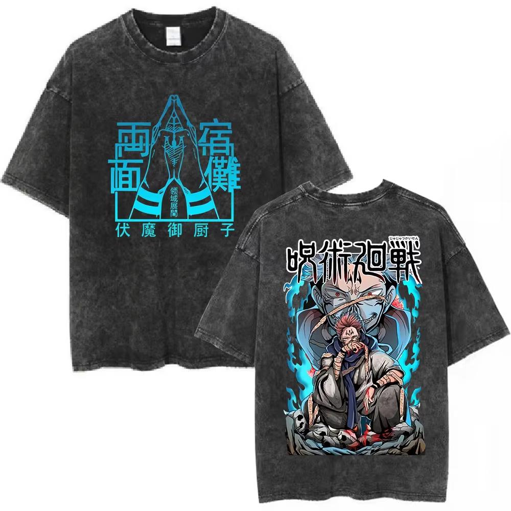 Washed Vintage Anime Jujutsu Kaisen T-shirts Fushiguro Toji Satoru Gojo Geto Suguru Graphic T-shirt Men Cotton Oversized T Shirt