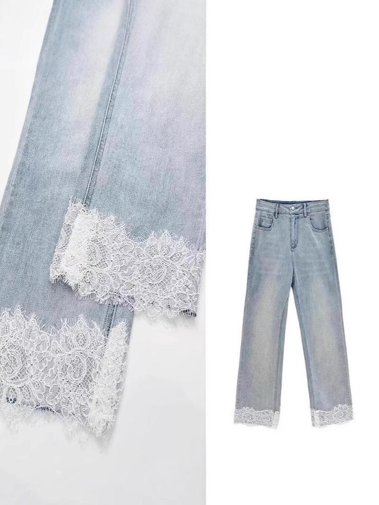 Lace Trim High Waist Wide Leg Cropped Jeans - Autumn 2025 Fashion