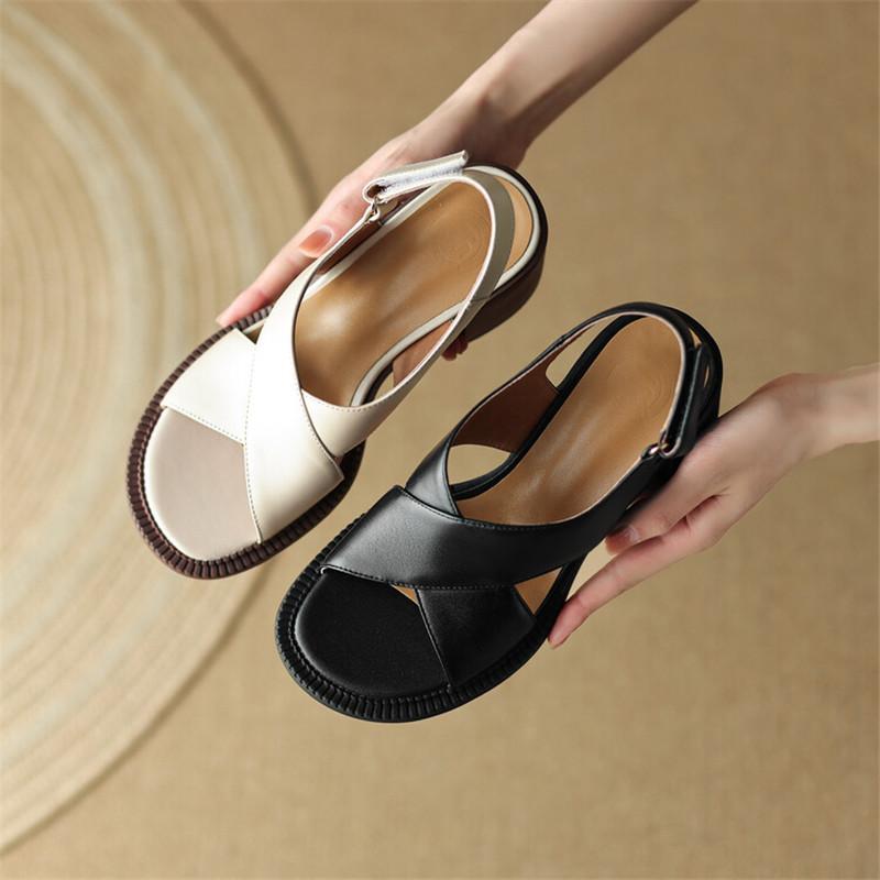 Fashion New Genuine Leather Summer Sandals 2025 Round Toe Chunky Heel Women Sandals Concise High Heels Handmade Shoes for Women