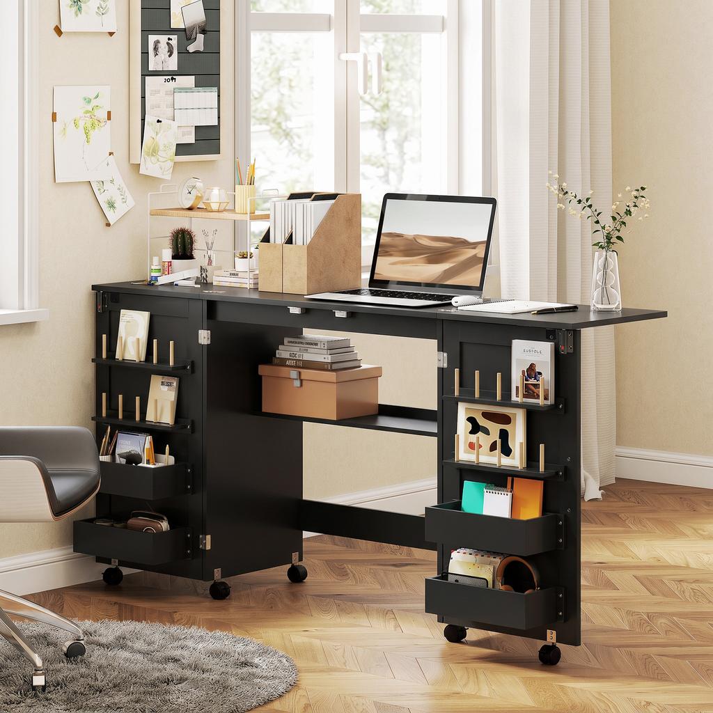 Folding Sewing Table on Casters, 2 Magnetic Doors, 4 Trays, 20 Hooks, 160 x 40 x 83 cm, Black