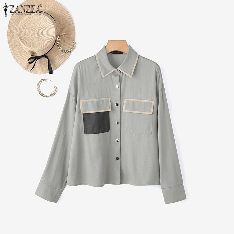 ZANZEA Women Casual Turn Down Collar Loose Long Sleeve Blouse