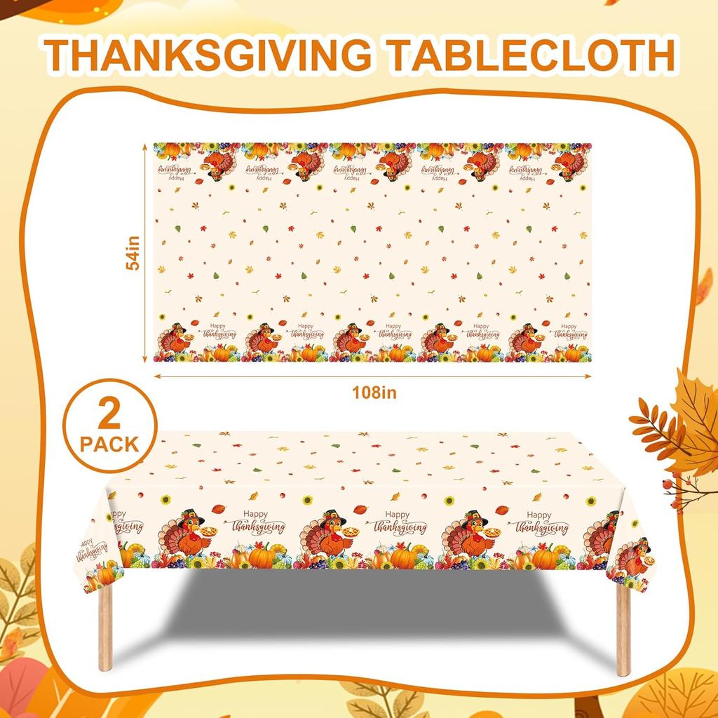2 Pack Thanksgiving Tablecloths Disposable, Rectangle Thanksgiving Table Cover, Rectangle Vinyl Thanksgiving Turkey Tablecloth for Table Decor Party