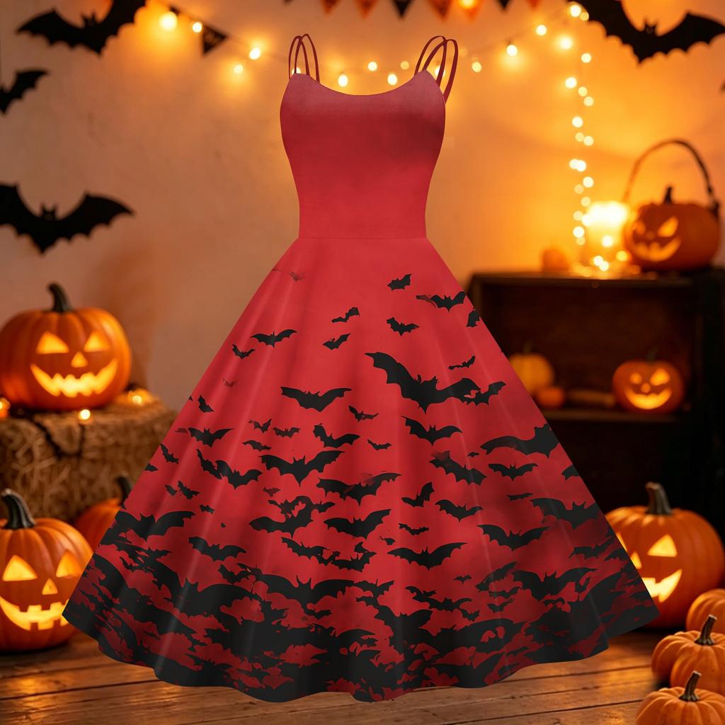 Women Off Shoulder Halloween Print Flared Vintage Dress with Spaghetti Straps and for Party or Casual Wear