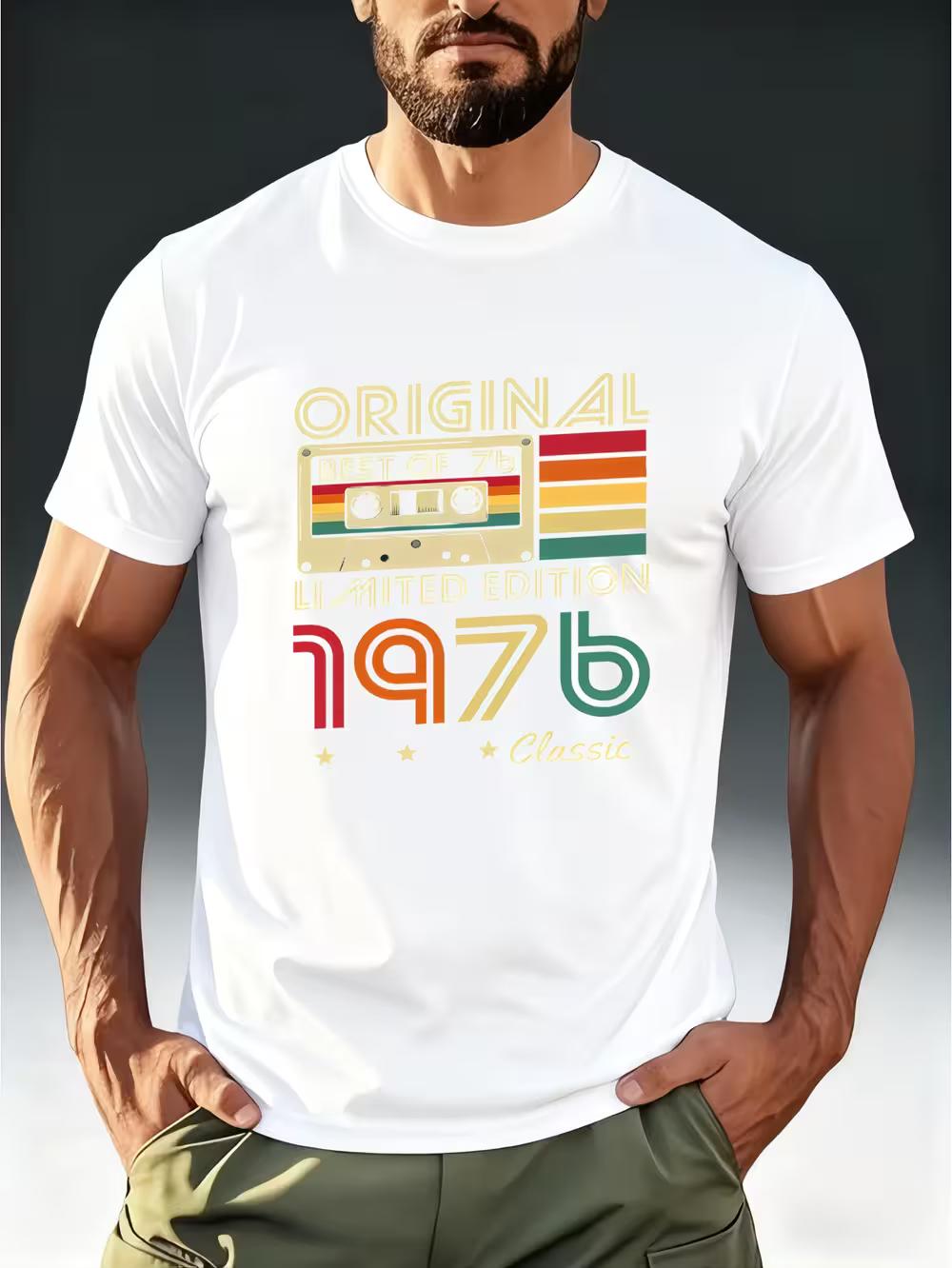 Men s Vintage 1976 Cassette Tape T-Shirt - Retro ORIGINAL 1976 Print Short Sleeve Round Neck Tee XL