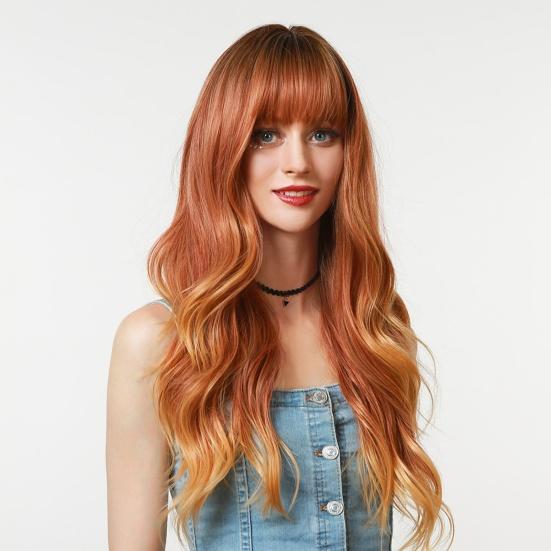 Women Wigs Neat Hair Bangs Breathable Lightweight Halloween Cosplay Long Wave Wigs for Female