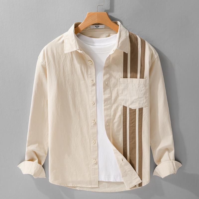 Men s Vertical Stripe Patch Pocket Long Sleeve Button Down Shirt Casual Streetwear Top S белый