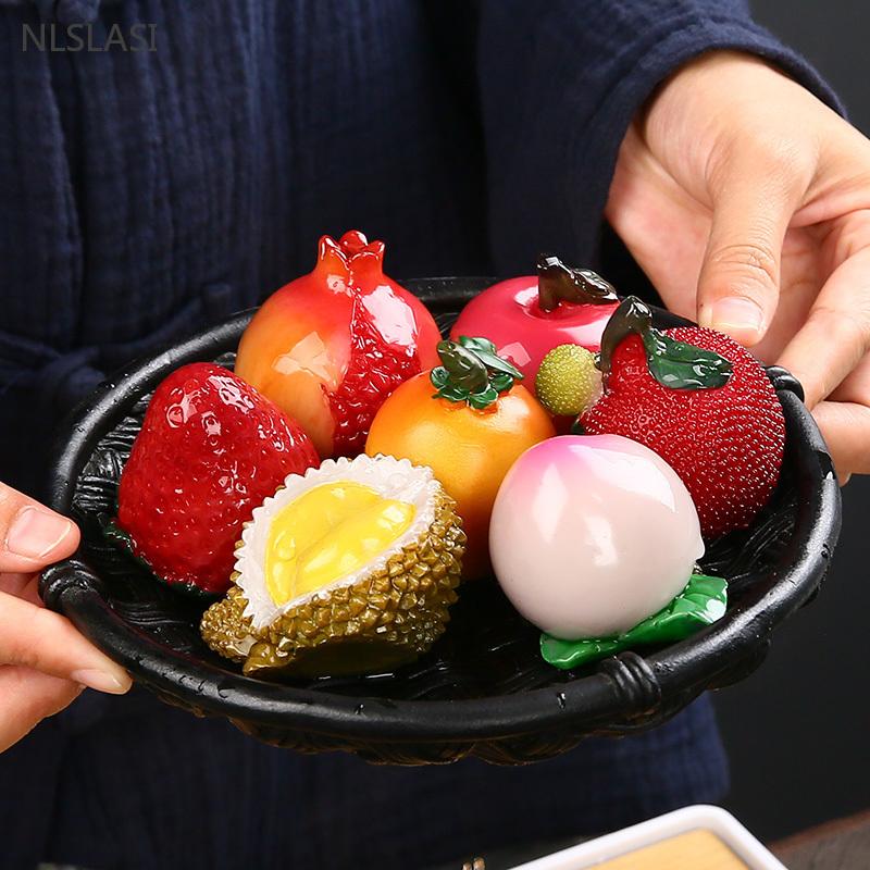 1pc Creative Tea Pet Ornaments Resin Color Changing Desk Decoration Fruit Model Sculpture Home Accessories Tea Table Crafts