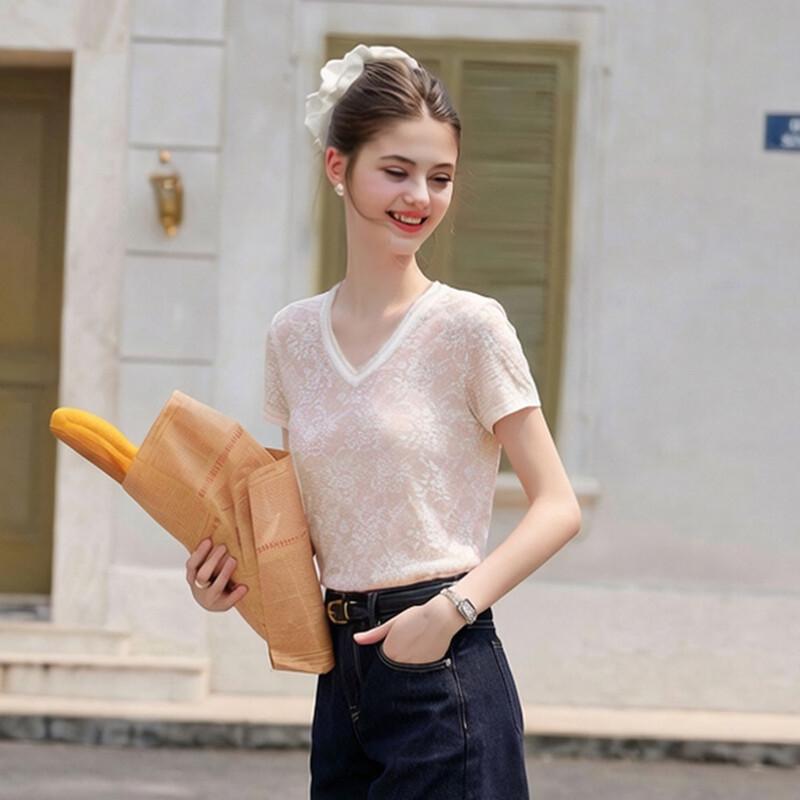 Bailuyu Women s V-Neck Lace Short Sleeve Top L
